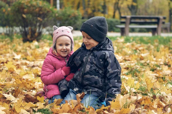 Menina e menino se divertindo no belo parque com folhas secas amarelas e vermelhas. Autumn caminhada familiar — Fotografia de Stock