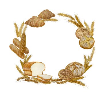 Kahverengi ekmeğin çelenk çerçeve deseni kuru buğday tohumu çizimi, suluboya el çizimi beyaz arka planda izole edilmiş kırpma yolu ile