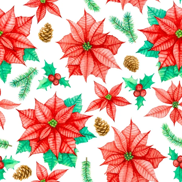 Padrão Sem Costura Para Natal Flor Estrela Poinesettia Vermelho Fruta — Fotografia de Stock