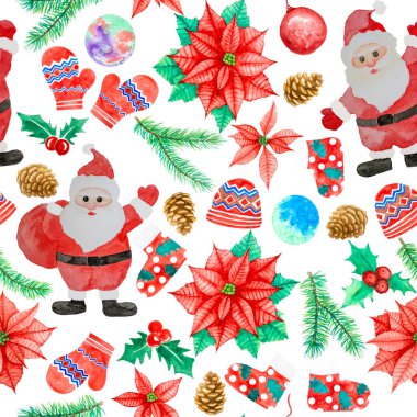 Noel için kusursuz desen, Noel Baba, Poinsettia yıldız çiçeği, eldivenler, çoraplar, şapka, çam kozalakları, beyaz arka planda resimli suluboya el çizimi, kırpma yolu ile izole edilmiş.