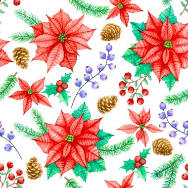 Noel için kusursuz desen, Poinsettia yıldızı çiçeği, kutsal kış meyvesi, çam kozalakları ve yapraklar, beyaz arka planda çizilmiş suluboya el, kırpma yolu ile izole edilmiş.