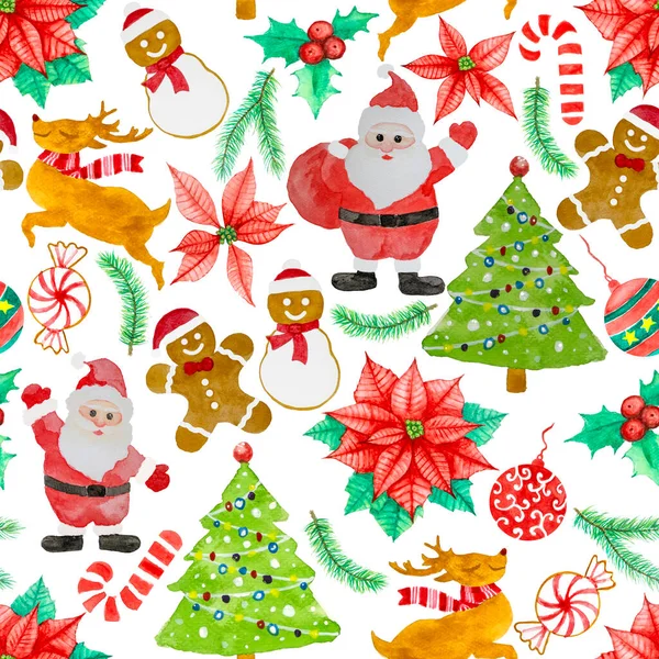 Naadloos Patroon Van Kerstmis Nieuwjaar Santa Claus Poinsettia Ster Bloem — Stockfoto