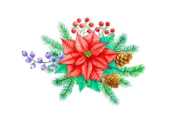 Kerst Bloem Boeket Arrangement Aquarel Schilderen Illustratie Witte Achtergrond Met — Stockfoto
