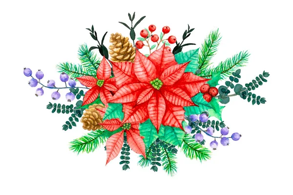 Kerst Bloem Boeket Arrangement Aquarel Schilderen Illustratie Witte Achtergrond Met — Stockfoto