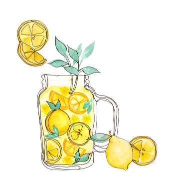 Kavanozda sarı portakal suyu, yuvarlak meyve ve yarısı dilimlenmiş yeşil yapraklar, resimli suluboya el çizimi, kırpma yolu olan beyaz arka planda izole edilmiş.