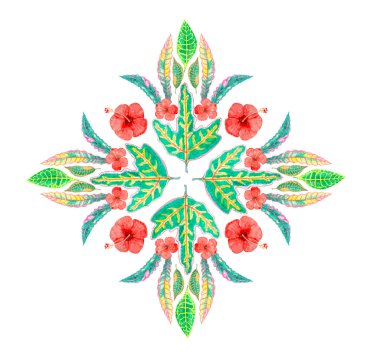 Croton yaprağı ve amber çiçeği suluboya mandala yuvarlak desen, doğu tasarımı için geometrik daire çizilmiş element çizimi beyaz arkaplan ve kırpma yolu üzerinde çiçek sanat eserleri izole eder