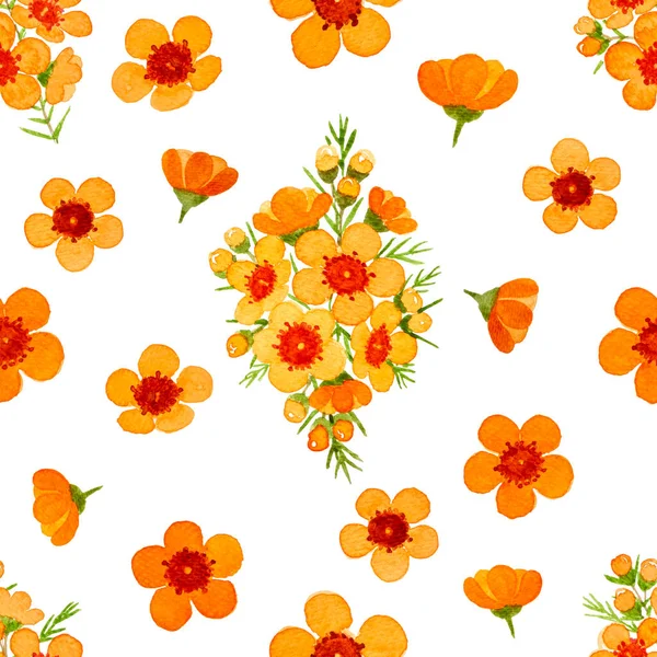 Orange color petals of Wax flower blossom seamless pattern illustration, watercolor flora painting isolated on white background, element for wallpaper fabric textiles printed, isolated and clipping path