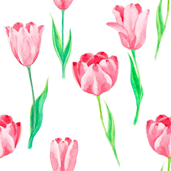 Rosa Tulpenblume Pflanze Und Grünes Blatt Nahtlose Muster Illustration Aquarell — Stockfoto