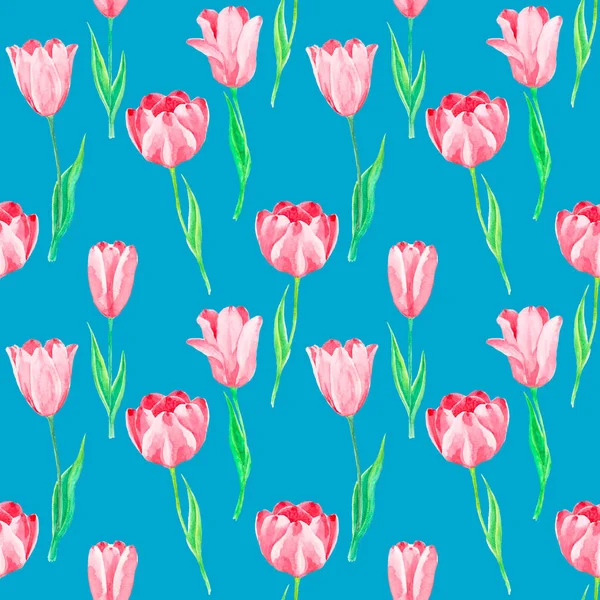ピンクチューリップの花の植物や緑の葉のシームレスなパターン 青の背景に隔離されたイラスト水彩画 ファッション壁紙生地のための要素印刷された織物 — ストック写真