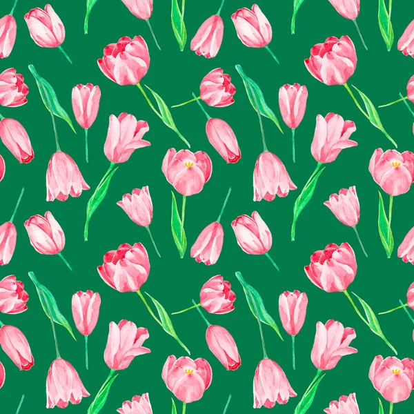 Pink Tulip flower plant and green leaf seamless pattern, illustration watercolor drawing isolated on green background, elements for fashion wallpaper fabric textiles printed