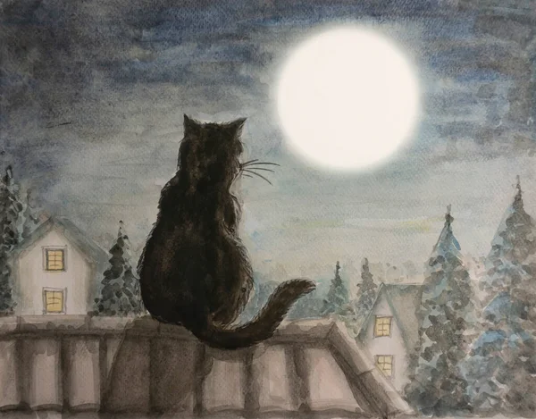 Black Cat Sitting House Rooftop Look White Full Moon Town — Stock Photo, Image