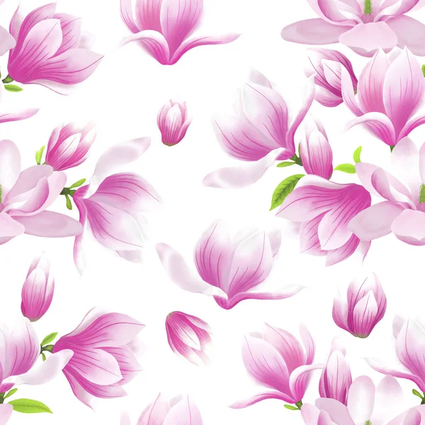 Pink Magnolia Flower Blossom Seamless Pattern White Background Illustration Petals — Stock Photo, Image