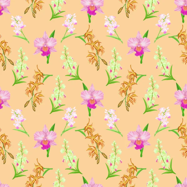 ピンクのカトレア蘭の花は ベージュの色の背景にシームレスなパターンを咲かせ 生地印刷された織物 壁紙やラッピングのための花弁植物の描画要素のイラスト — ストック写真