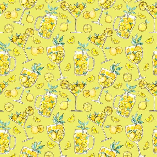 Žlutá Citrónová Šťáva Skle Sklenici Opakujeme Bezproblémový Vzor Kulatým Ovocem — Stock fotografie
