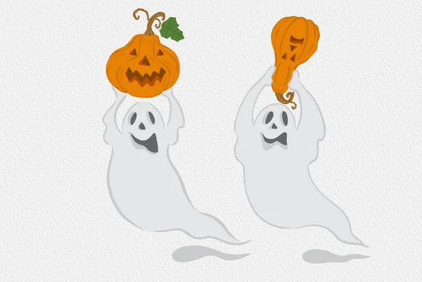 Zwei Weiße Gespenster Mit Wütendem Gesicht Mit Orangefarbenem Halloween Kürbis — Stockfoto