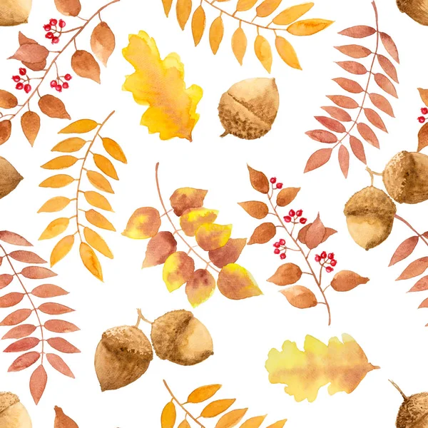 棕色秋天的叶子 浆果水果无缝重复图案白色背景 分枝植物水彩画时尚面料纺织品和墙纸包装 — 图库照片