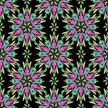 Mandala bileşim elementi renksiz desen, botanik Croton yaprağı suluboya çizimi moda kumaşı tekstil baskısı veya duvar kağıdı ambalajı için siyah arkaplan