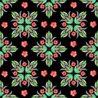 Mandala bileşim elementi renksiz desen, botanik Croton yaprağı suluboya çizimi moda kumaşı tekstil baskısı veya duvar kağıdı ambalajı için siyah arkaplan