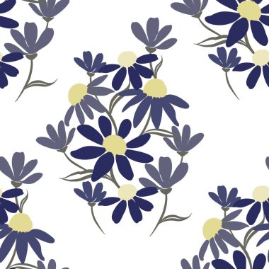 Hand drawn purple and yellow daisy petal flower blossom vector seamless pattern, abstract floral drawing on white background for Clothing fashion textiles printing, wallpaper and wrapping