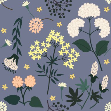 Renkli papatya yaprağı çiçeği, vektör el dikişsiz desen, soyut sarı, gri arka planda beyaz flora moda kumaşı baskısı, duvar kağıdı ve ambalaj.