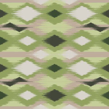 Etnik faks yeşil boya iplikleri, kusursuz dokuma desenleri. Vektör el işçiliği, bohem nakış, soyut kare coğrafi sanat kumaşı elbise duvar kağıdı halısı için tekstil tasarımı.