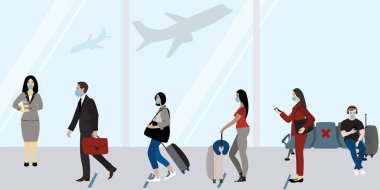 Covid-19 salgın seyahat kısıtlamaları konsept vektör çizimi. Havaalanının kalkış bölgesindeki hat, insanlar sosyal olarak uzak duruyor. Maske takan insanlar.