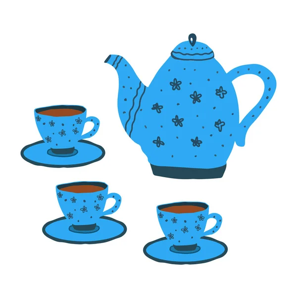 Синий чайник и чашки иллюстрация — стоковый вектор