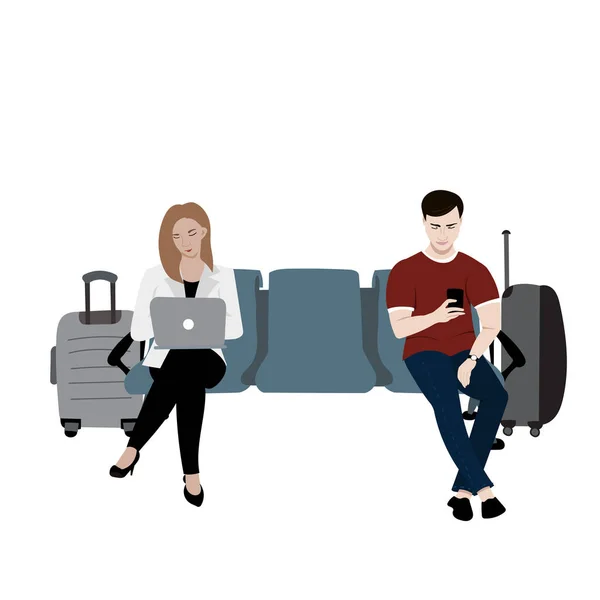空港の座席に座っている若い男と女のイラスト ラップトップで作業 — ストックベクタ