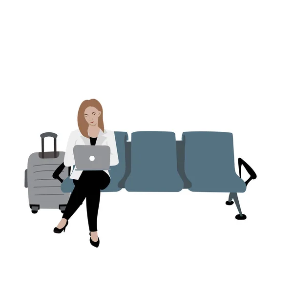 Illustration Young Female Sitting Airport Seat Working Laptop — Stock Vector