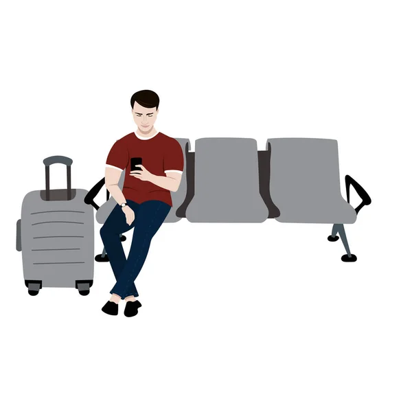 Illustrazione Giovani Uomini Seduti Sui Sedili Dell Aeroporto Utilizzando Telefono — Vettoriale Stock