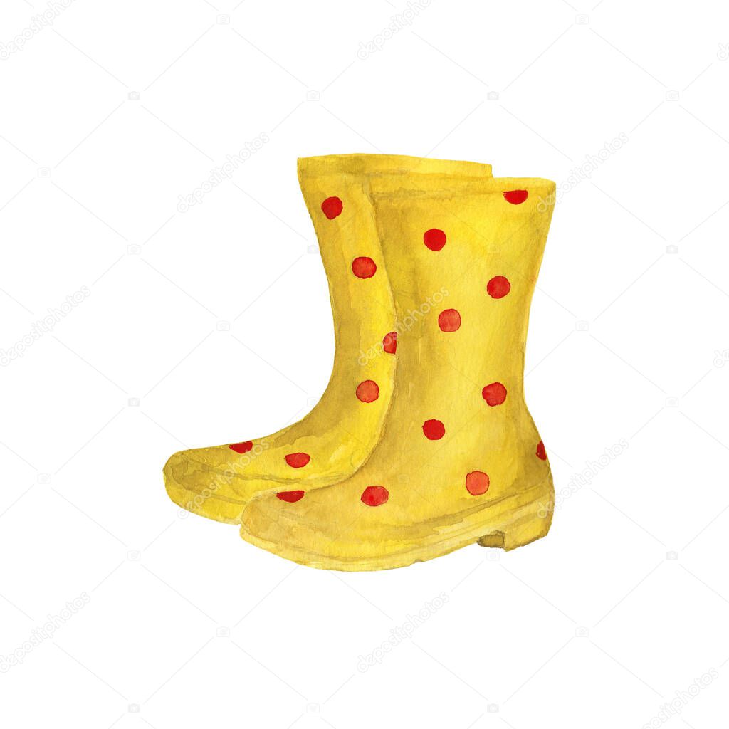 Watercolor illustration of yellow rain boots with red dots. Isolated on white background.