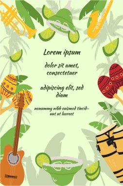 Gitarlı şablon, Küba tres ve conga davulları, marakalar, guiro, palmiye yaprakları ve amber çiçekleri. Kart, el ilanı, davetiye ya da afiş için tasarım. metin için boşluk ile.