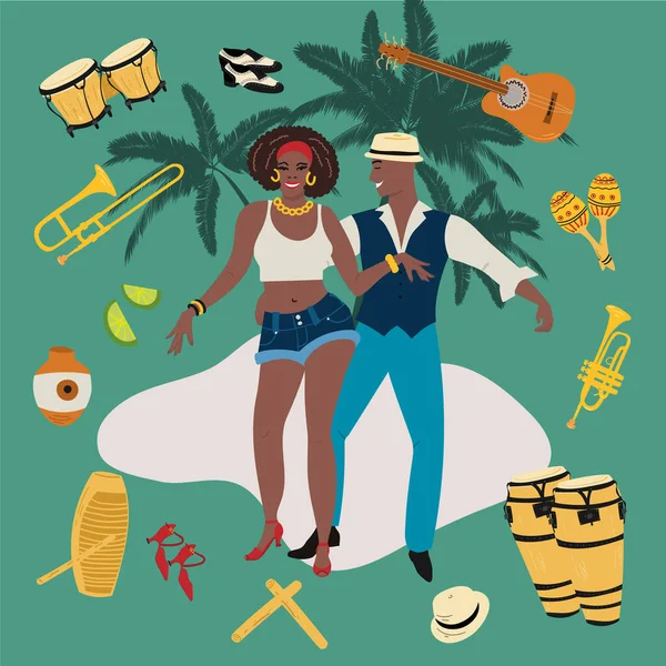 Leidenschaftliches Paar. Mann und Frau tanzen Salsa, Mambo, Reggaeton oder lateinamerikanische Musik mit tropischem Hintergrund und Palmen. — Stockvektor