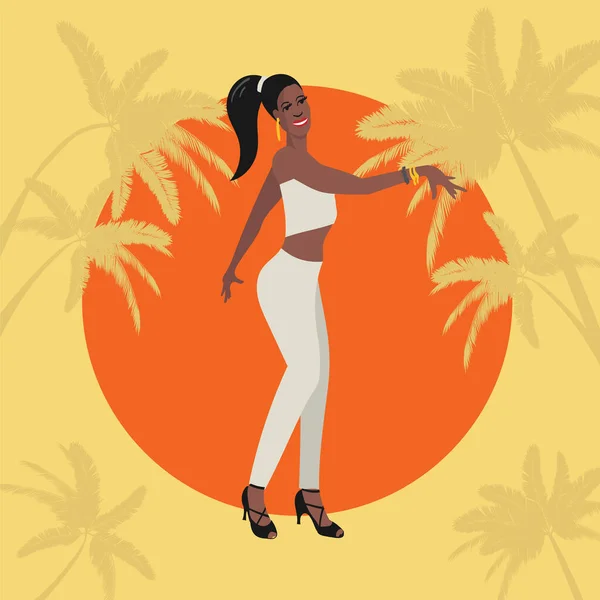 Karaibska, latynoska lub afrykańska kobieta tańcząca salsę, bachatę, merengue, cha-cha, mambo lub inny taniec. — Wektor stockowy