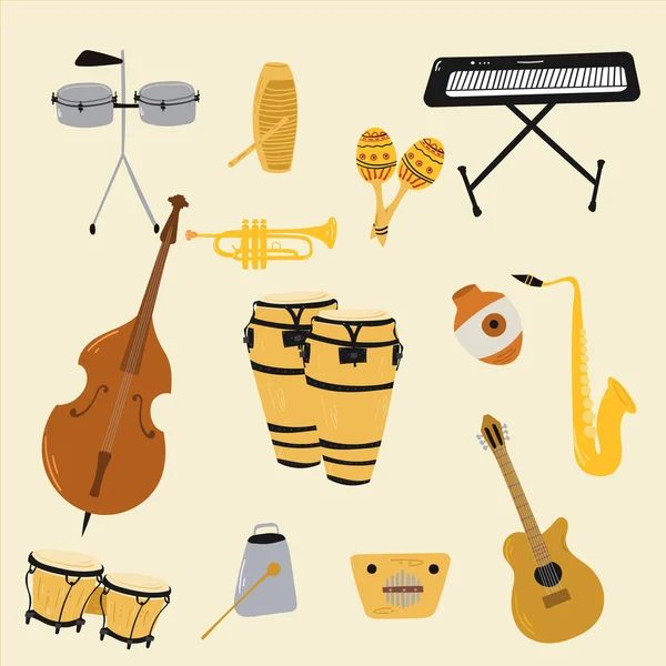 Salsa music musical instruments. Double bass, congas, bongos, guitar, cuban tres, clave, Botijuela, maracas, piano, contrabass, timbales, guiro, trombone, trumpet — Stock Vector