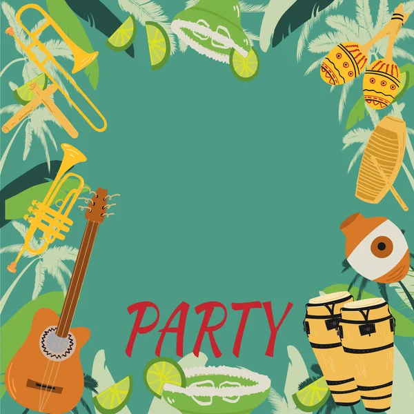 Template with guitar, cuban tres and conga drums, maracas, guiro, palm leaves and hibiscus flowers. Design for card, flyer, invitation or banner. with space for text. — Stock Vector