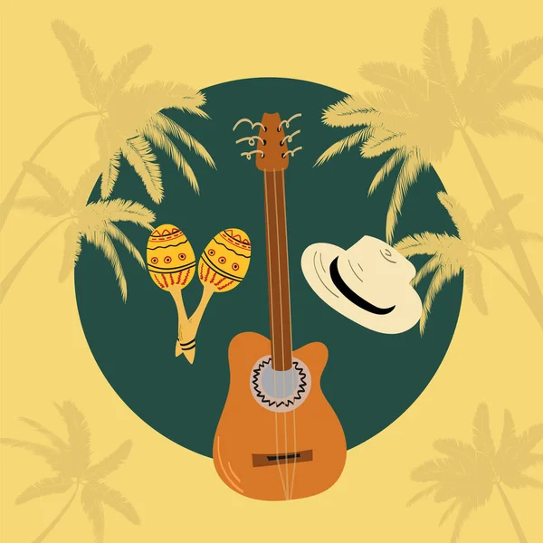 Ilustración dibujada a mano de la guitarra - tres cubanos, sombrero y maracas. Concepto de vacaciones de ambiente tropical. — Vector de stock