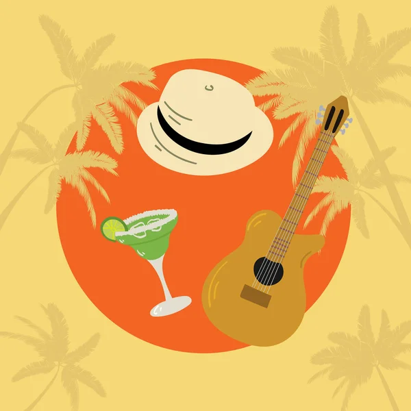 Kézzel rajzolt illusztráció gitár, kalap és margarita. Trópusi hangulatú nyaralás koncepció. — Stock Vector