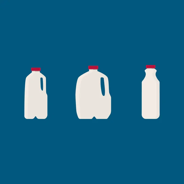 Plochá vektorová ilustrační sada mléka, kefír v různých plastových nádobách včetně galonového balení. Izolováno na bílém pozadí. — Stockový vektor