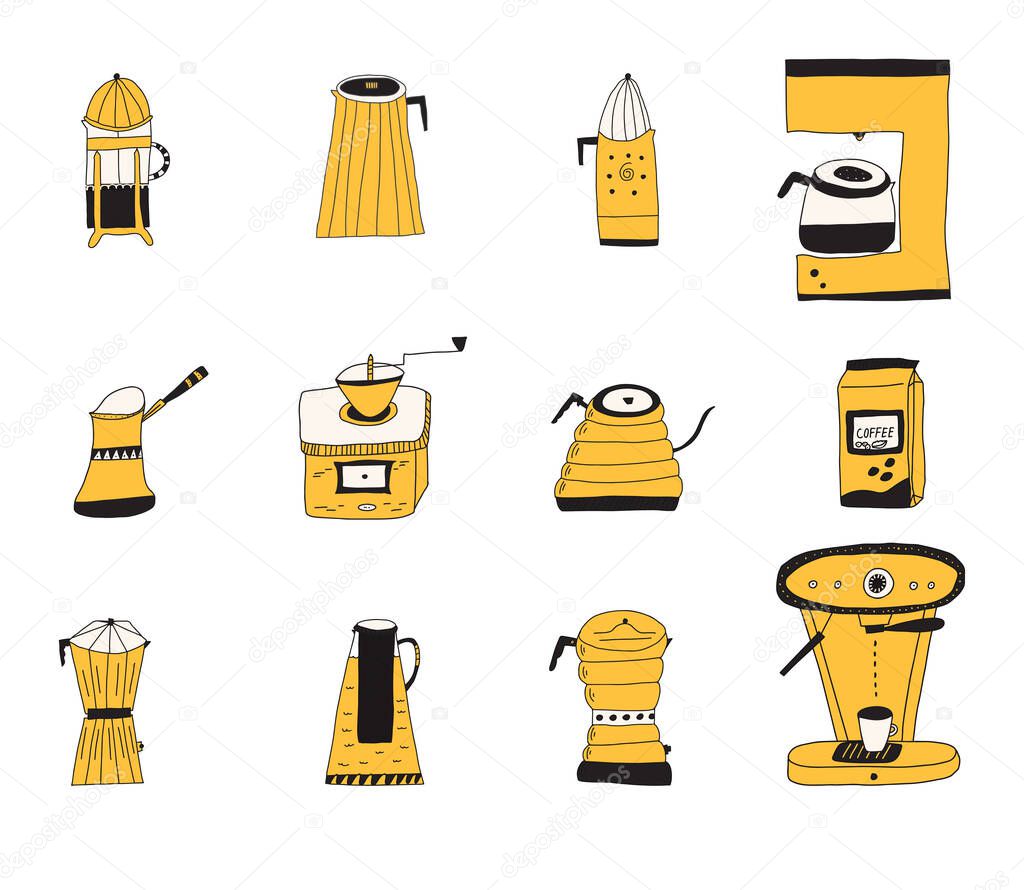 Set of hand drawn doodle vector illustrations of various coffee pots for different brewing methods. Isolated on white background
