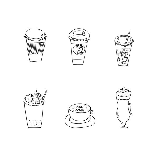 Ручная Рисованная Векторная Иллюстрация Набора Различных Кофейных Напитков Стеклянных Пластиковых — стоковый вектор