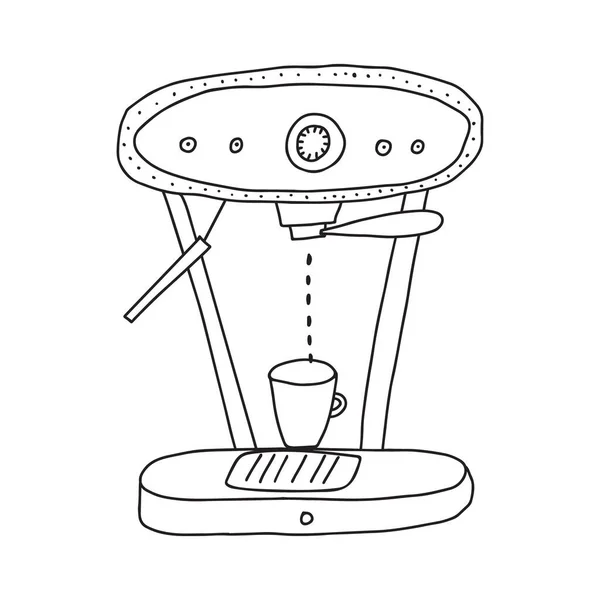 Mão desenhado doodle vetor ilustração de eletrodomésticos máquina de café expresso com espuma de leite. Isolado sobre fundo branco. — Vetor de Stock