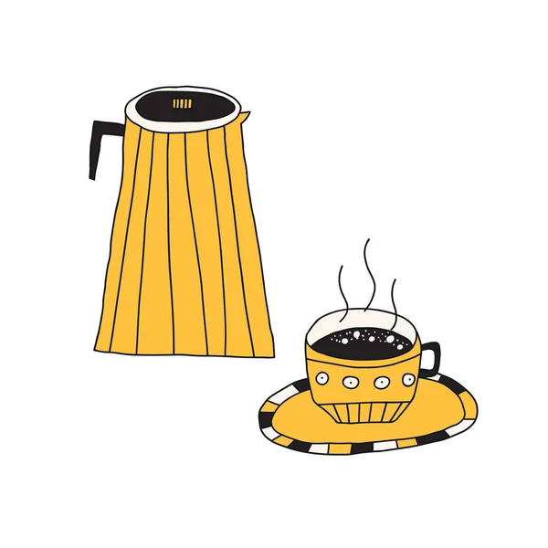 Dibujado a mano doodle vector ilustración de café de diseño o tetera con una taza de café caliente o té. Aislado sobre fondo blanco. — Vector de stock