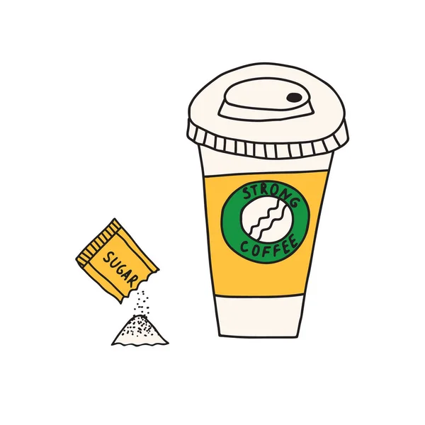 Dibujado a mano doodle vector ilustración de café caliente en un papel para ir taza con una hoja protectora. Aislado sobre fondo blanco. — Vector de stock