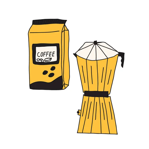 Dibujado a mano doodle vector ilustración de moka cafetera percolator para preparar café espresso caliente. Aislado sobre fondo blanco. — Vector de stock