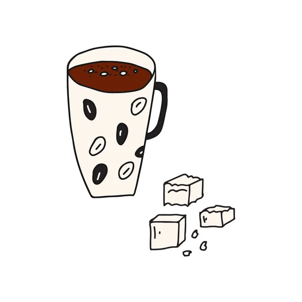 Dibujado a mano doodle vector ilustración de deliciosa taza caliente de café de té. Aislado sobre fondo blanco. — Vector de stock