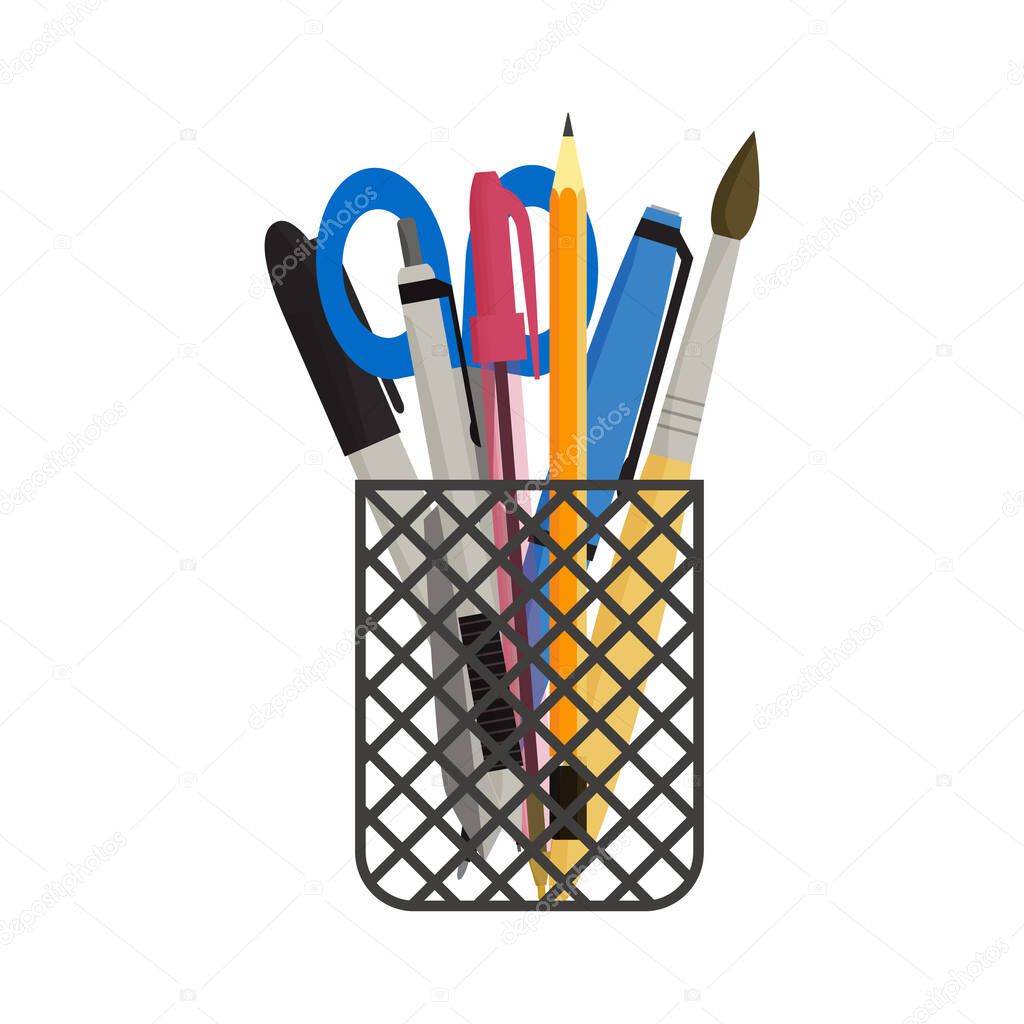 Flat vector illustration of various pens, pencils and scissors in black mesh pen holder. Isolated on white background