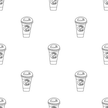 Kağıttan kahve fincanının kusursuz deseninin vektör çizimi. El çizimi karalama stili. Beyaz arkaplan