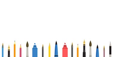 Yatay düzende ekranın altındaki çeşitli kalem, kalem, işaret ve fosforlu kalemlerin düz vektör çizimi. Web sayfası arkaplan pankartı tasarımı için. Beyaz arkaplanda izole