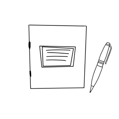 Kalem ve okul kağıdı not defterinin el çizimi çizimi taslak çizimi vektör çizimi. Beyaz arkaplanda siyah izole